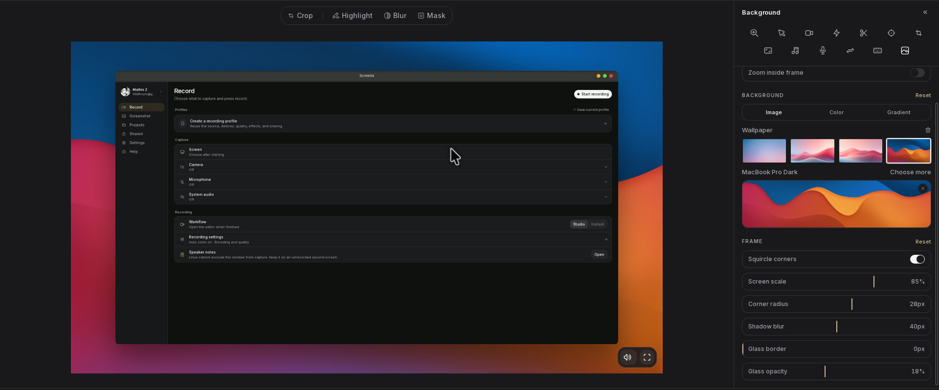 A screen recording placed on a gradient background with rounded corners and a shadow.