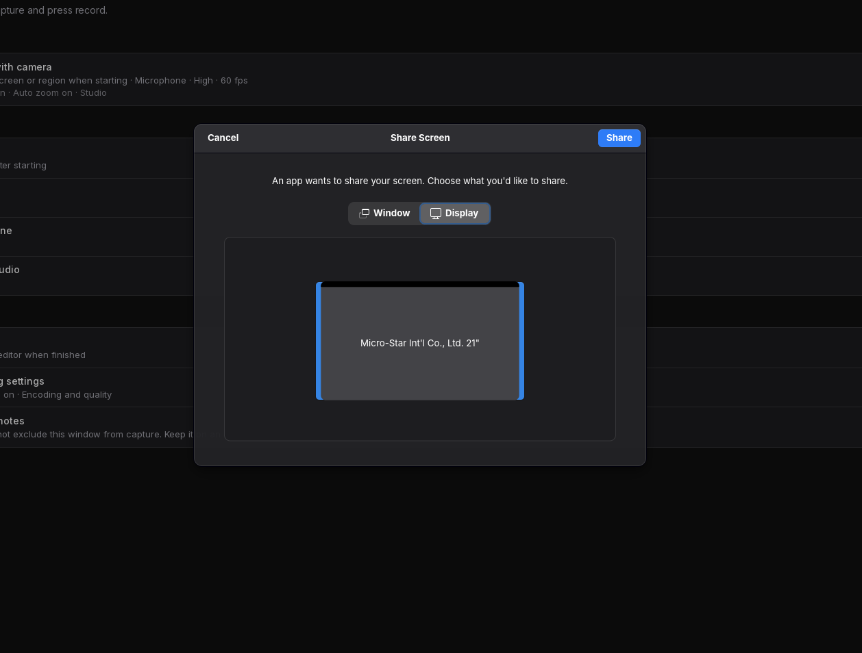 The Wayland desktop sharing dialog for choosing the screen or window Screenix will record.
