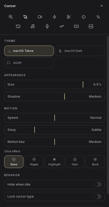 Cursor appearance settings and a click ripple over a button in the video preview.