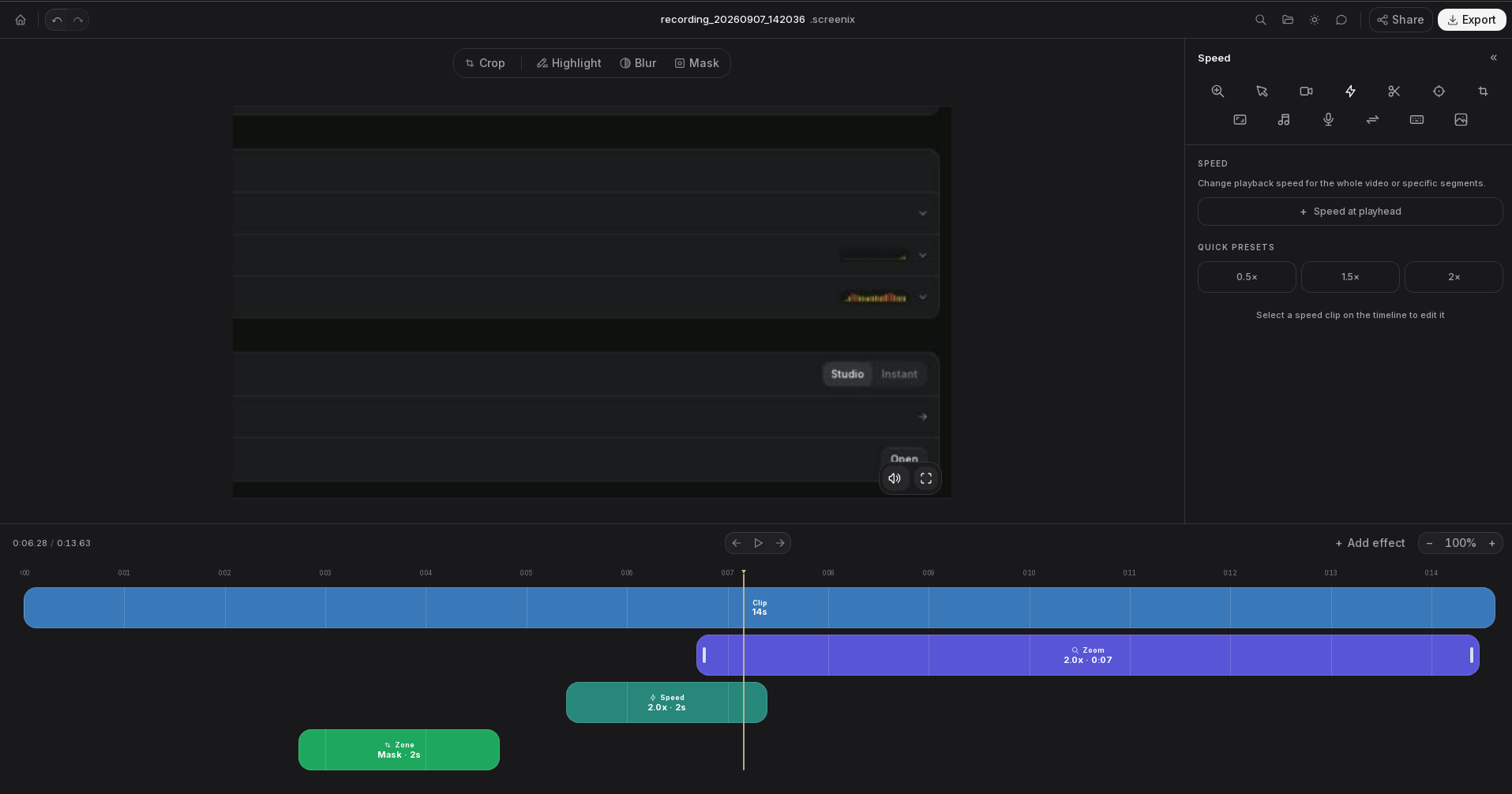 Screenix timeline with the playhead, trim handles, effect blocks and playback controls labelled.