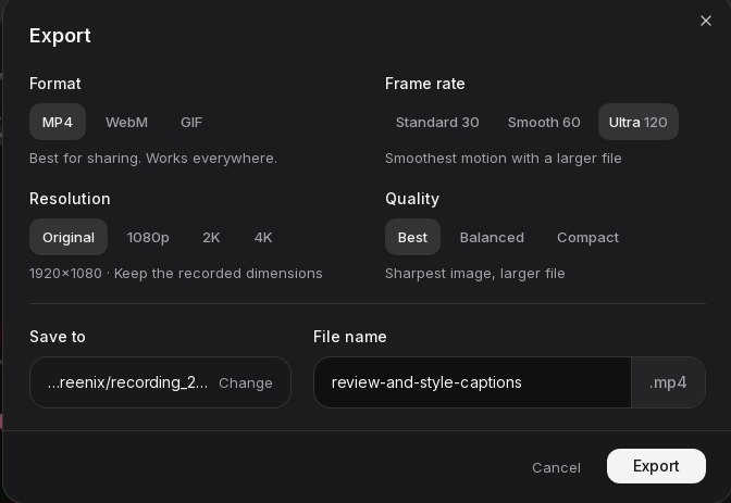 Screenix export settings for an MP4 at 1080p with Smooth 60 frame rate and Balanced quality.