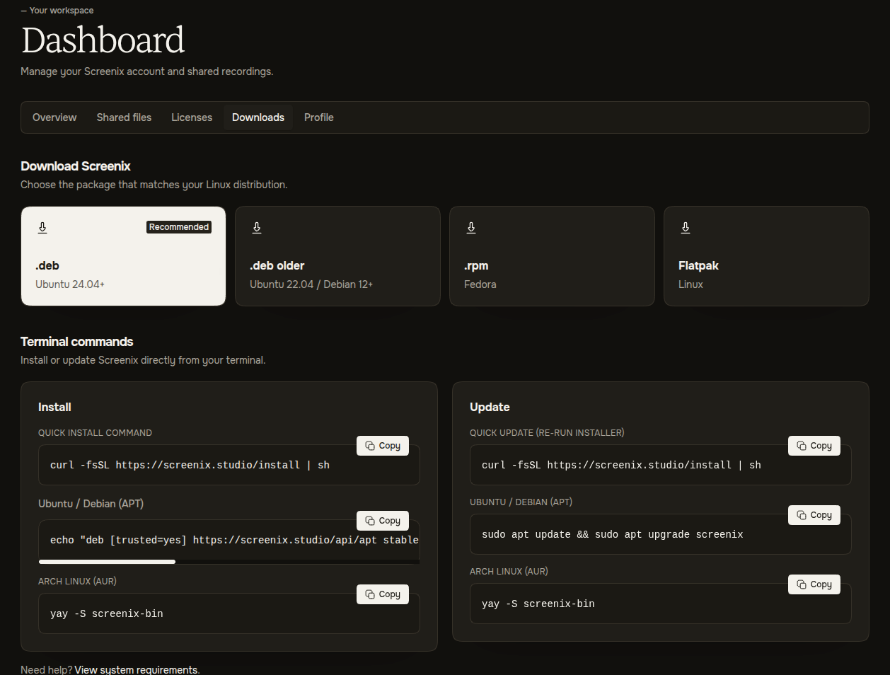 Screenix download choices for Ubuntu, Debian, Fedora, and Flatpak.
