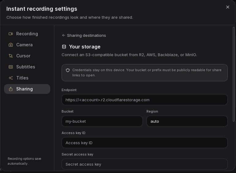 The endpoint, bucket, credentials, public URL, and prefix fields for custom storage in Screenix.