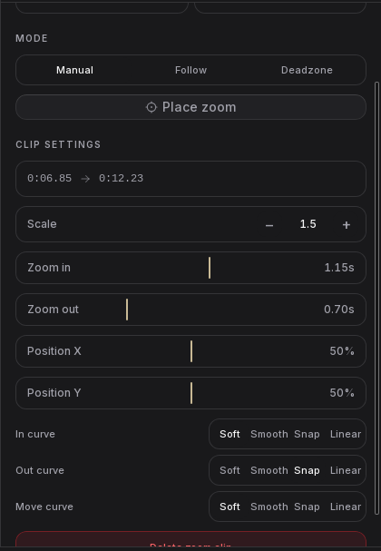 A manual zoom selected in the Screenix editor with its placement, scale, and timeline controls visible.