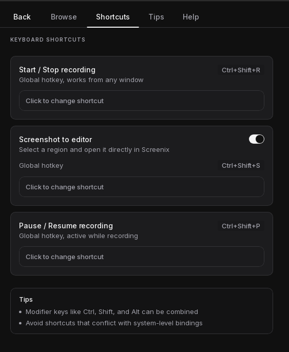 Keyboard shortcut settings for recording, pause and resume, and the optional Wayland screenshot shortcut.