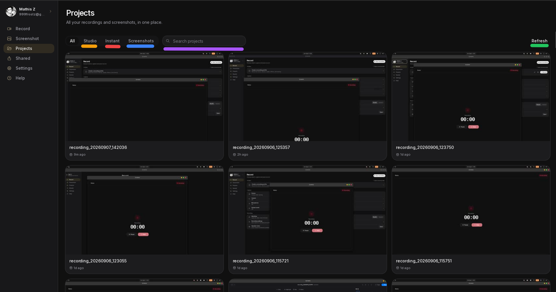 The Projects page with a saved Studio recording ready to reopen.