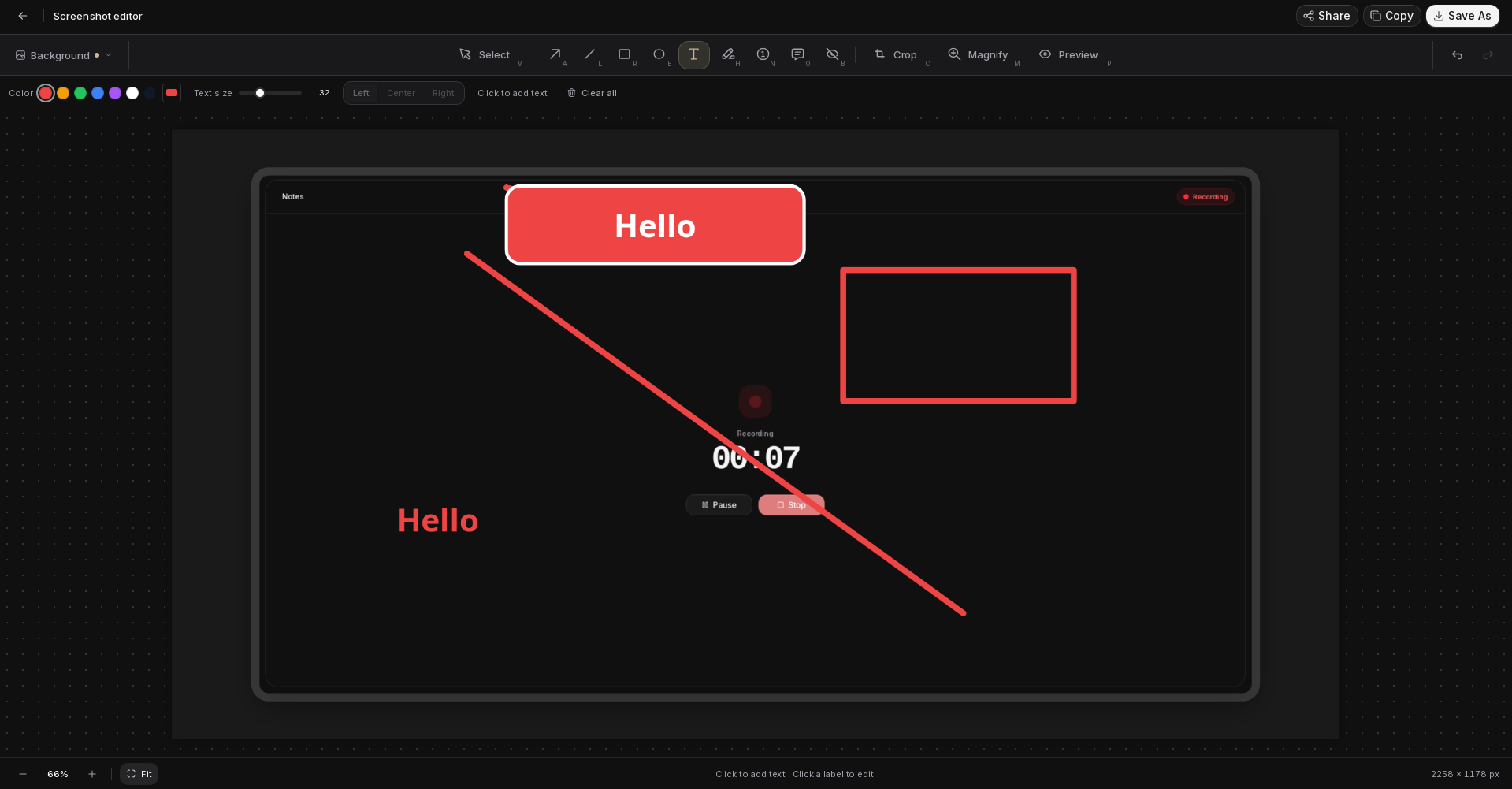 An arrow, outlined box, and text callout explaining a setting in the screenshot editor.