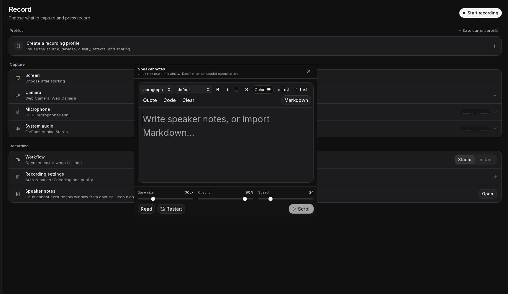 Speaker notes showing a sample script and controls for text size, speed, and scrolling.
