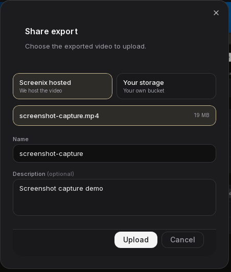 The Screenix Share dialog for uploading a finished video to Screenix hosting.